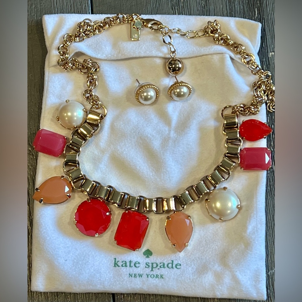 Signed Kate Spade NY Necklace Coral Orange Faux Pearls Gold & Earrings RARE